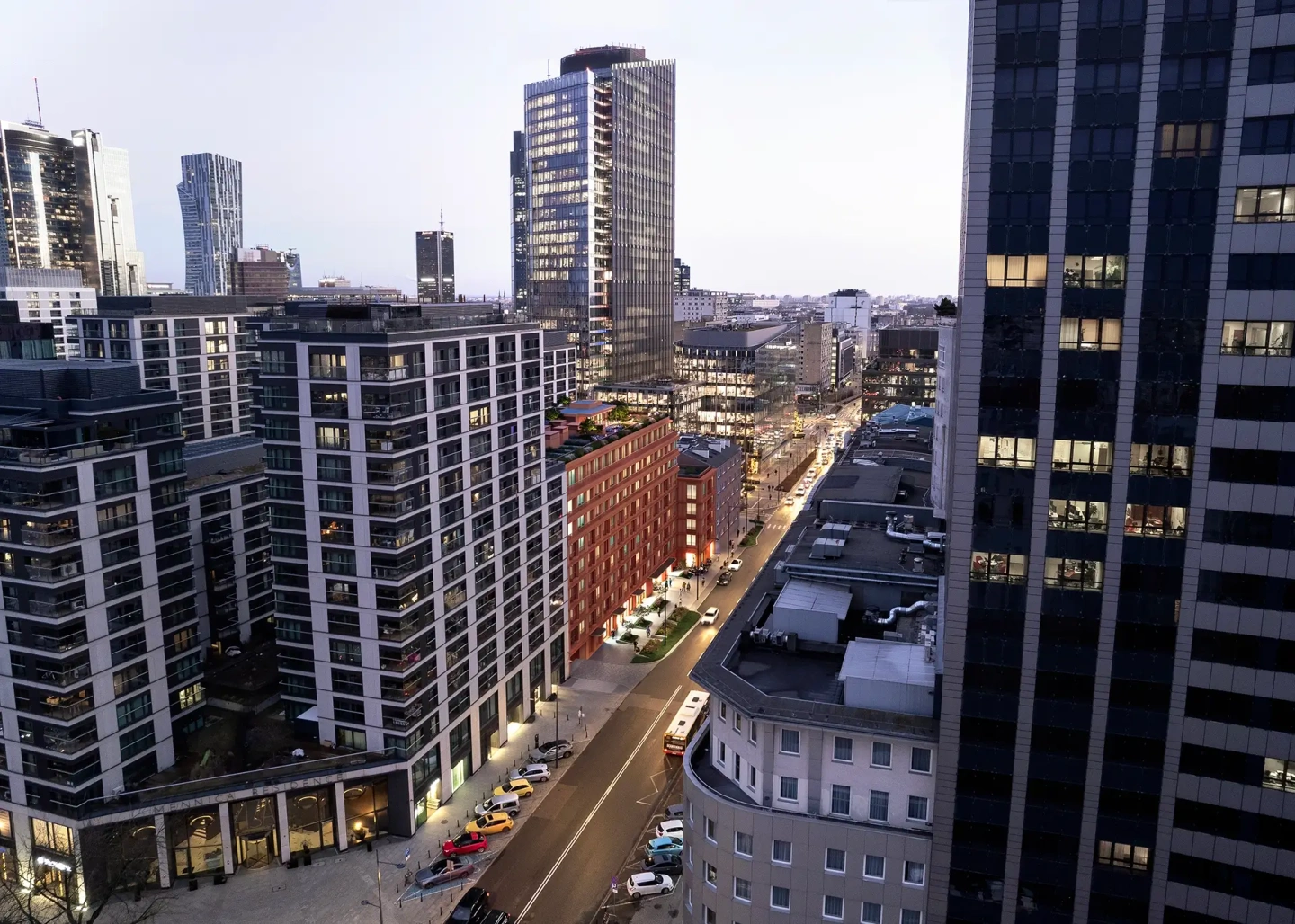 Widok z lotu ptaka na ulicę Żelazną i inwestycję Żelazną 54