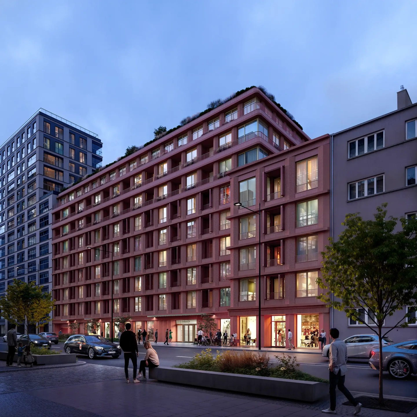 Wizualizacja inwestycji Żelazna 54 od strony ulicy Żelaznej w nocnej oprawie